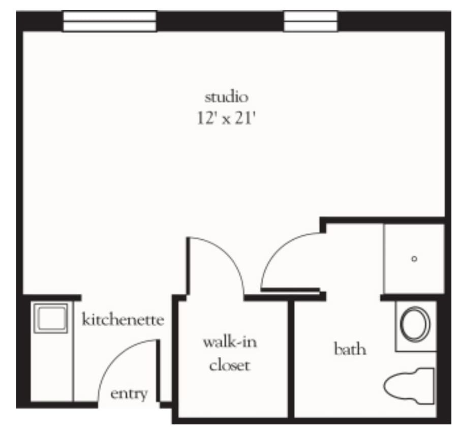 Studio apartment floor plan with labeled rooms.