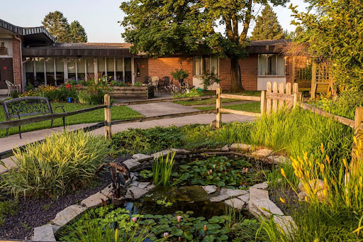 A serene garden scene featuring a pond surrounded by lush greenery and a cozy building.