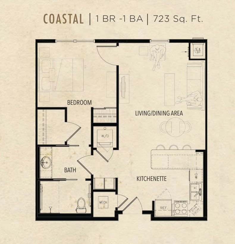 A floor plan of a one-bedroom, one-bathroom apartment measuring 723 square feet.