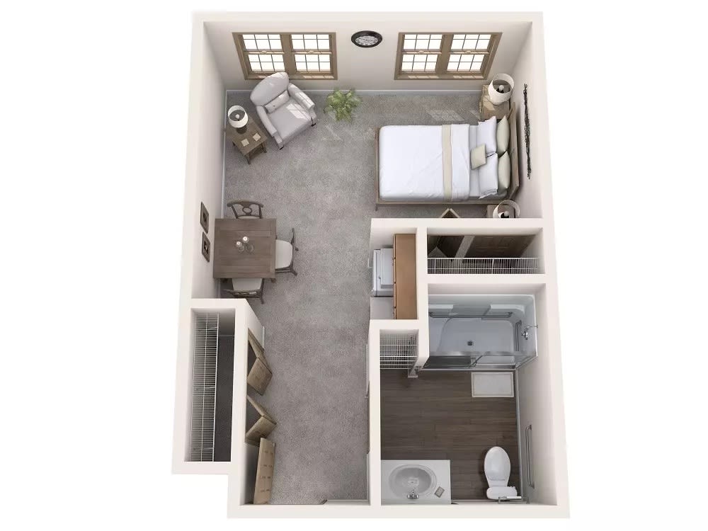 A 3D layout of a studio apartment featuring a bed, dining area, living space, and bathroom.