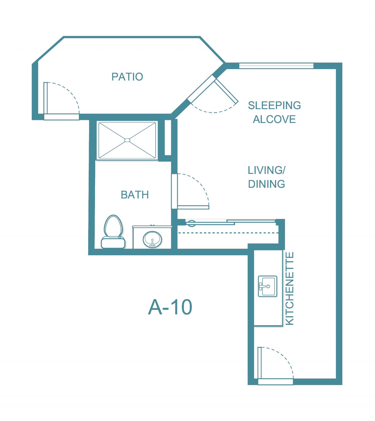 Architectural floor plan of a one-bedroom apartment, labeled A-10, featuring a living/dining area, sleeping alcove, bath, kitchen, and patio.