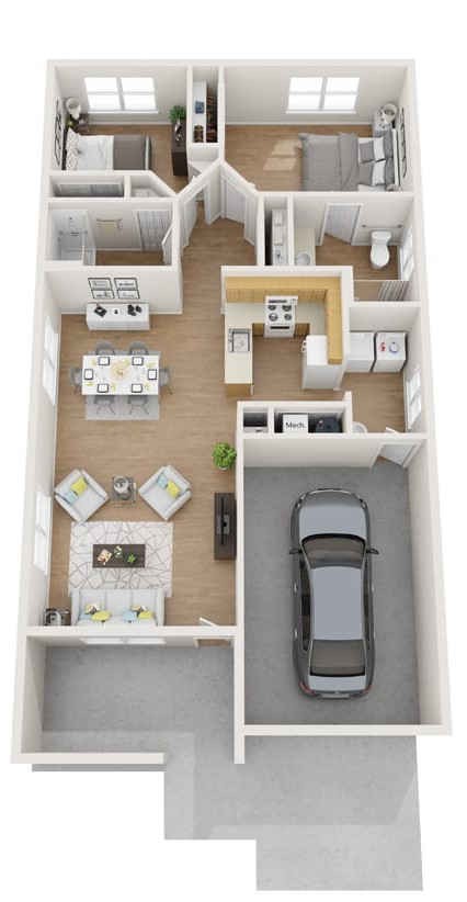 A 3D floor plan showcasing a modern house layout with a kitchen, dining area, living room, and garage.
