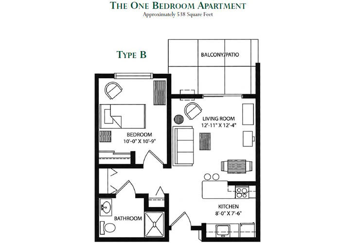 A floor plan for a Type B one-bedroom apartment featuring a living room, kitchen, bathroom, and balcony.