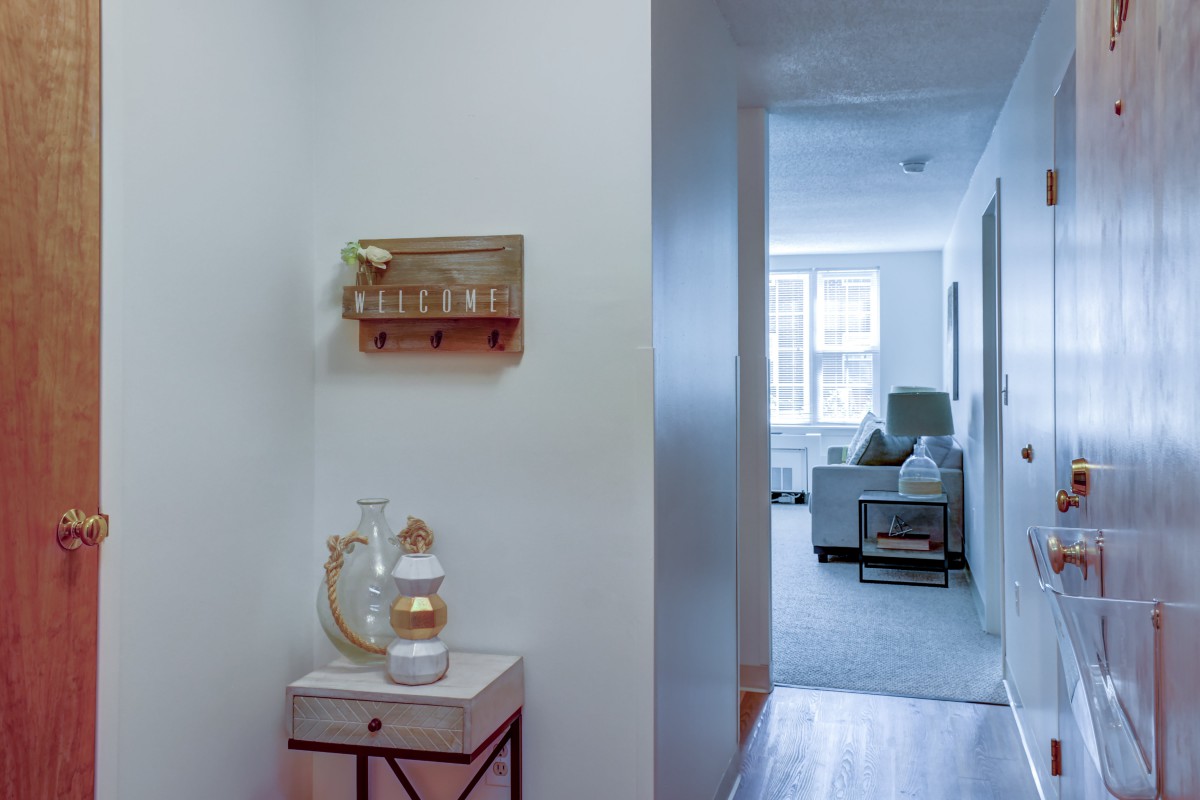 A hallway leading into a cozy living room with stylish decor.
