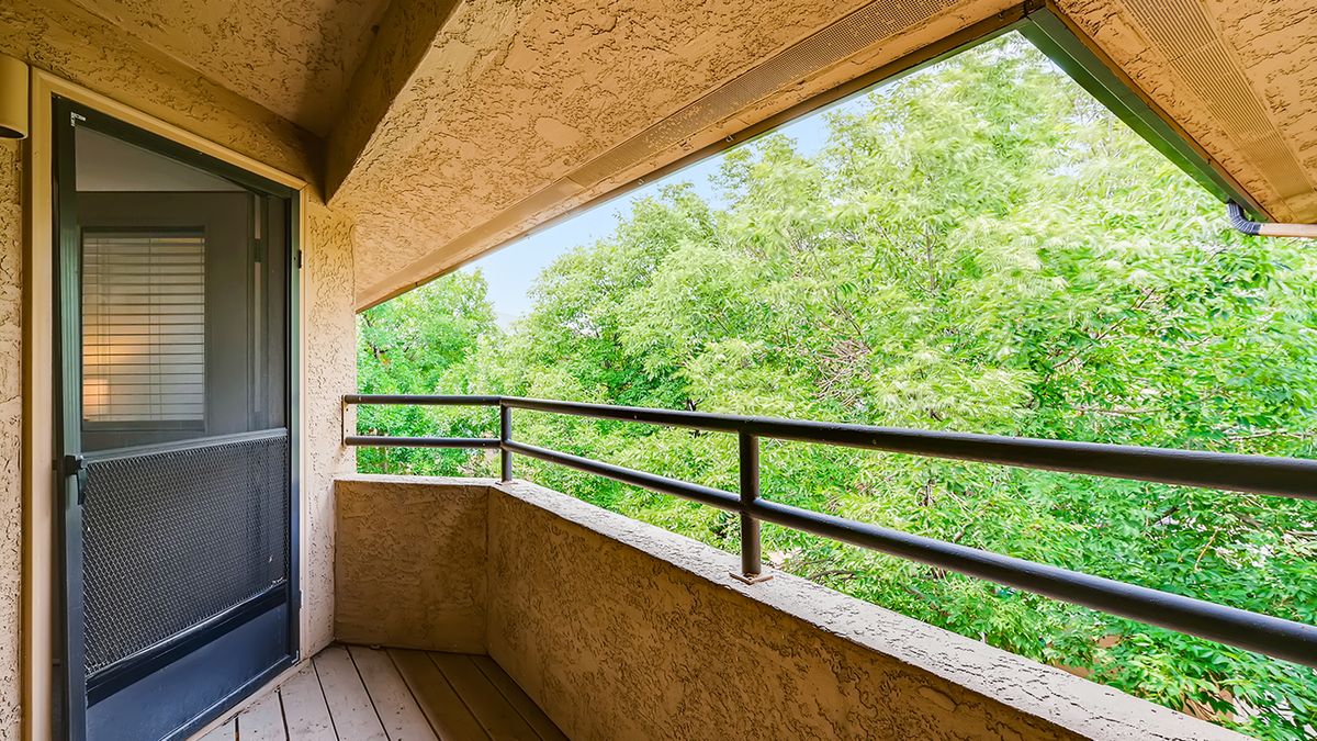 A balcony with a scenic view of lush green trees on a sunny day.