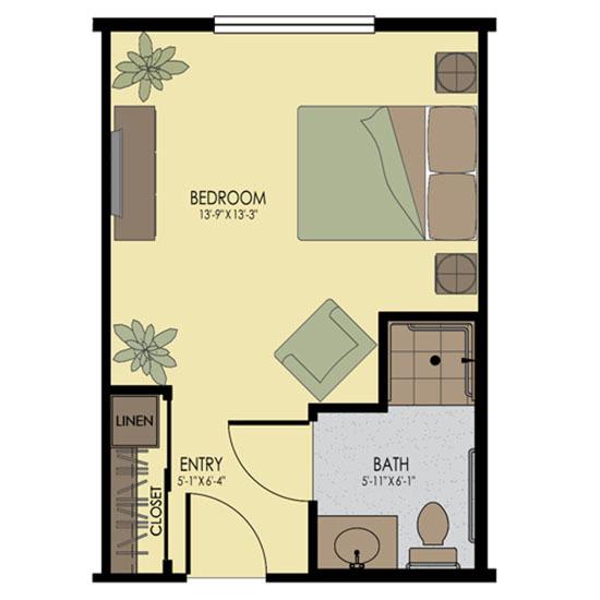 A floor plan of a studio apartment featuring a combined bedroom and living area, bathroom, and entryway.