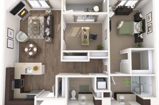 A 3D floor plan of a modern apartment featuring a living room, kitchen, two bedrooms, and a bathroom.