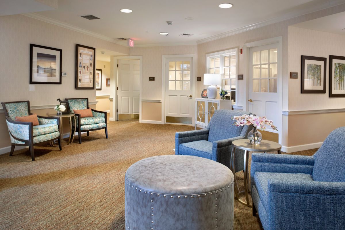 A cozy lobby area with comfortable seating and elegant decor.