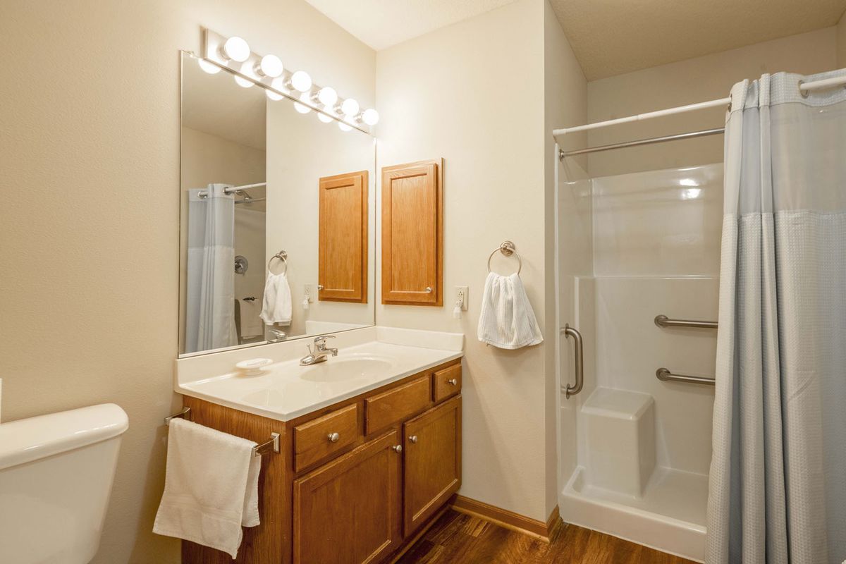 A well-lit bathroom featuring a wooden vanity, large mirror, and a walk-in shower.