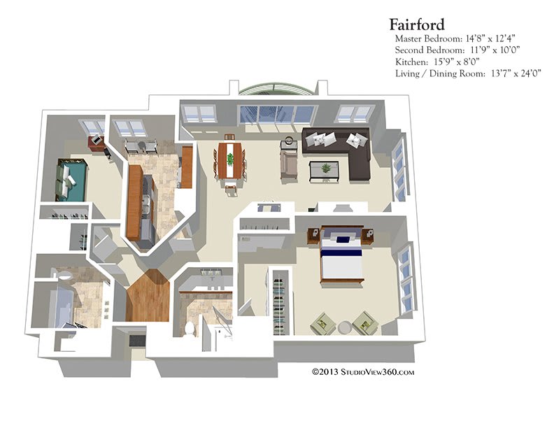 A detailed floor plan of a two-bedroom apartment with labeled rooms including a kitchen, living room, and dining area.