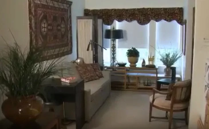A cozy living room with comfortable seating, decorative plants, and a carpet on the wall.