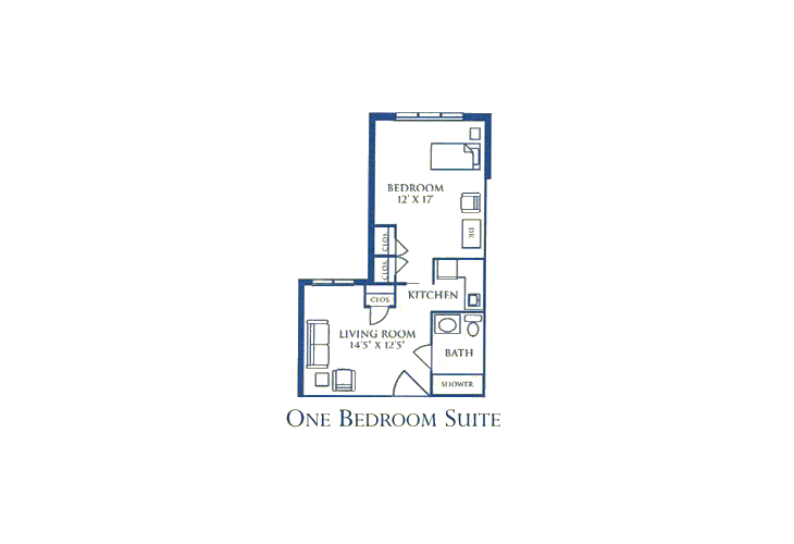 Floor plan of a one-bedroom suite.
