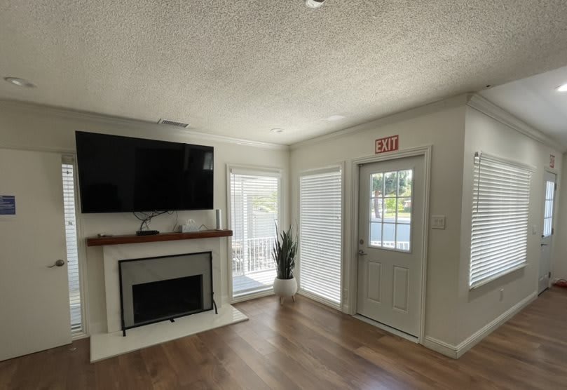 A cozy living room with a fireplace, television, and an abundance of natural light.