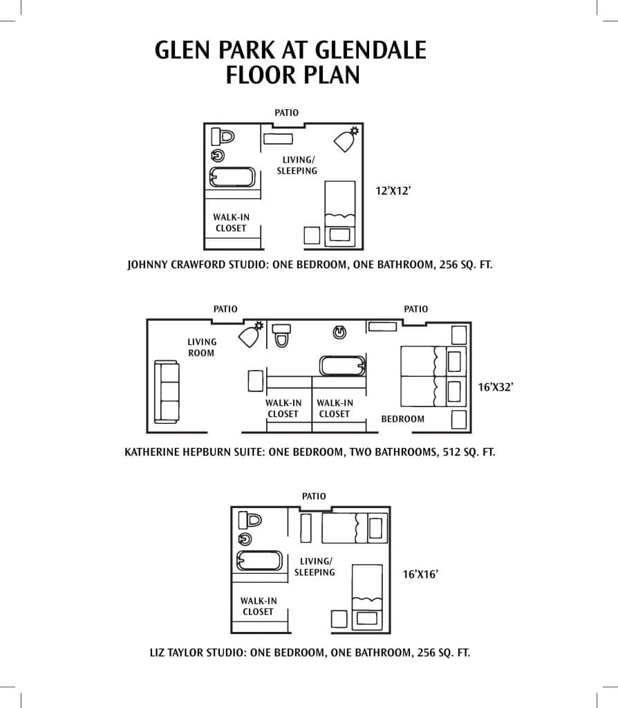 Floor plans for Glen Park at Glendale, detailing layouts for different room configurations.