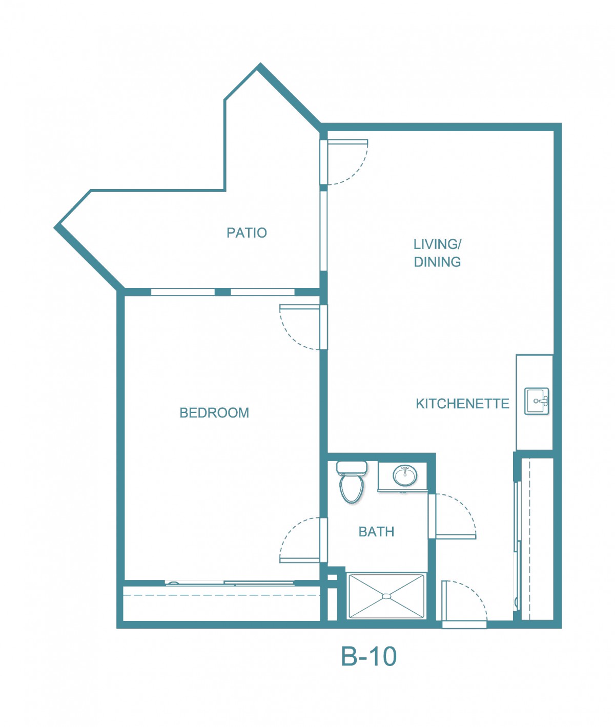 A blueprint of a one-bedroom apartment featuring a living room, kitchen, bathroom, and patio.