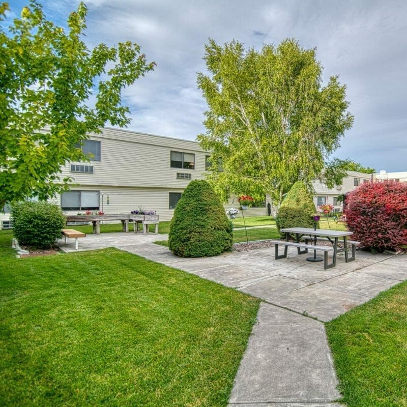 A peaceful garden area with benches, surrounded by lush greenery and a clear pathway.