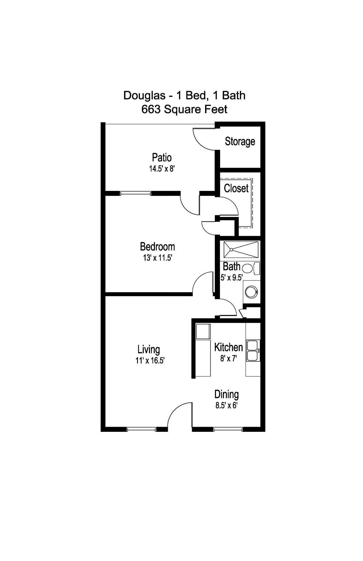 A floor plan for a one-bedroom apartment measuring 603 square feet.