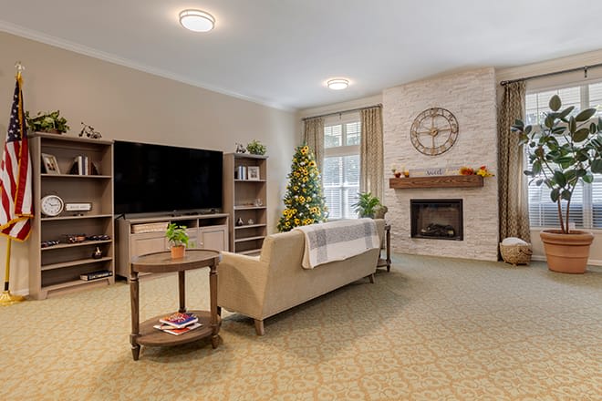 A cozy living room featuring a television, fireplace, and tasteful decor.