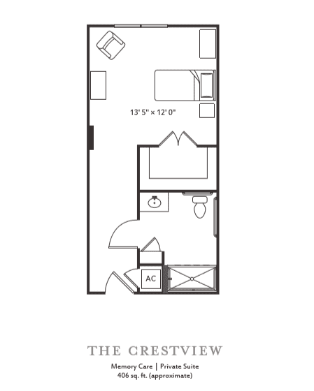 A floor plan of a studio apartment in 'The Crestview' layout.