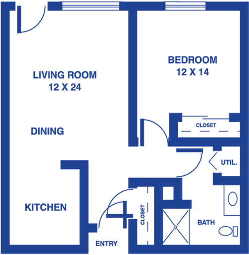 Blueprint of an apartment showing a living room, bedroom, kitchen, and bathroom layout.