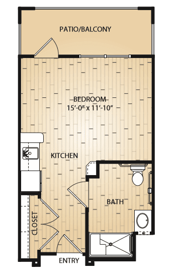 A floor plan of a studio apartment featuring a bedroom area, kitchen, and bathroom.