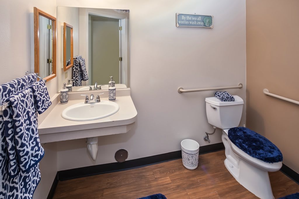 A well-maintained bathroom with a sink, toilet, and wooden flooring.