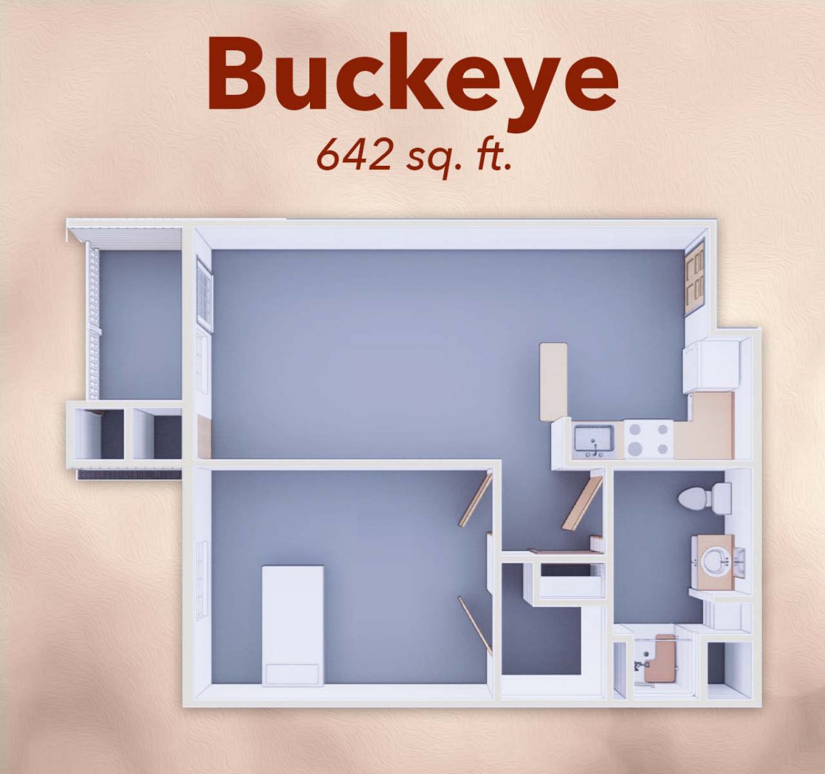 Floor plan of the Buckeye apartment with an area of 642 square feet.