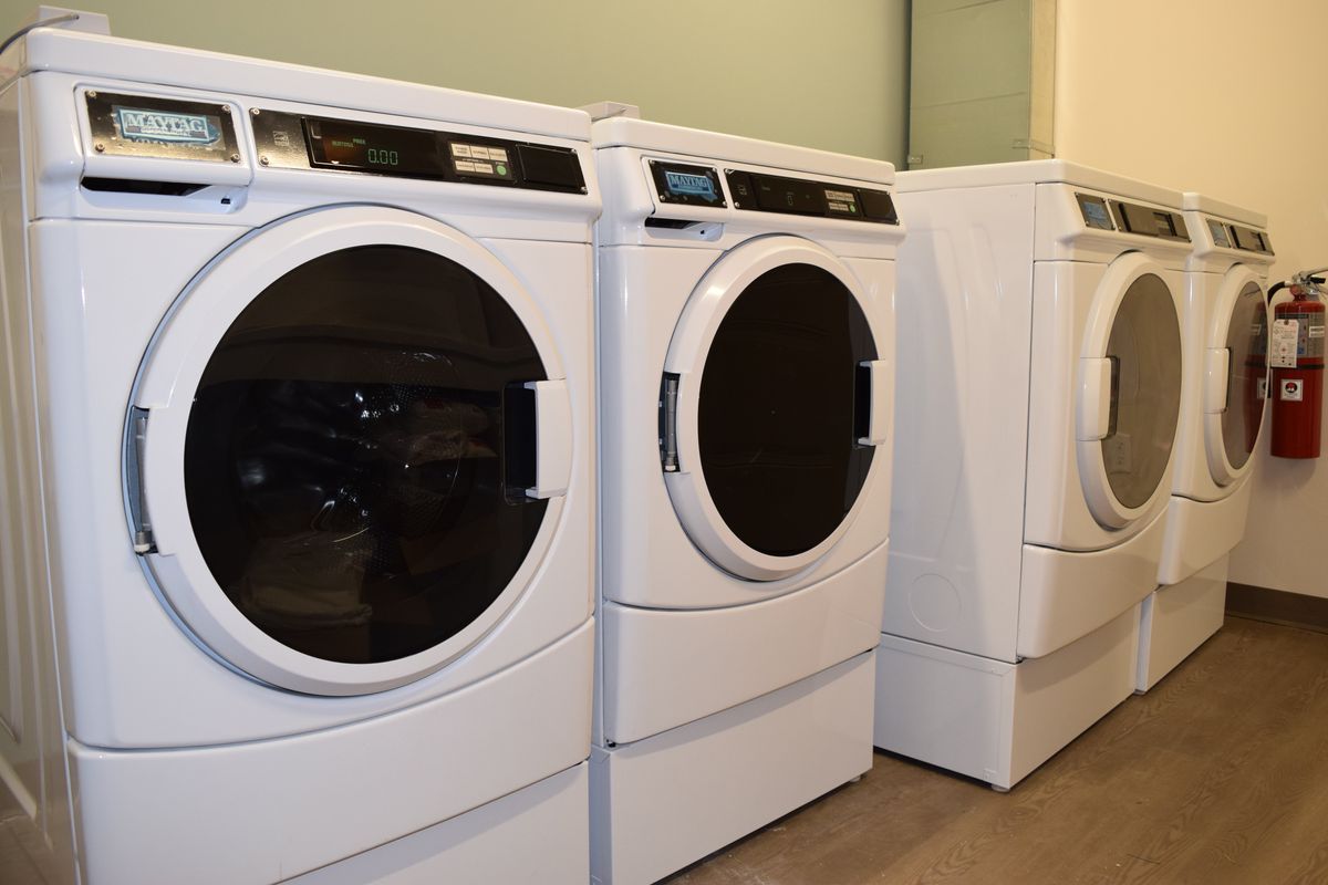 A row of modern washing machines in a laundry room.