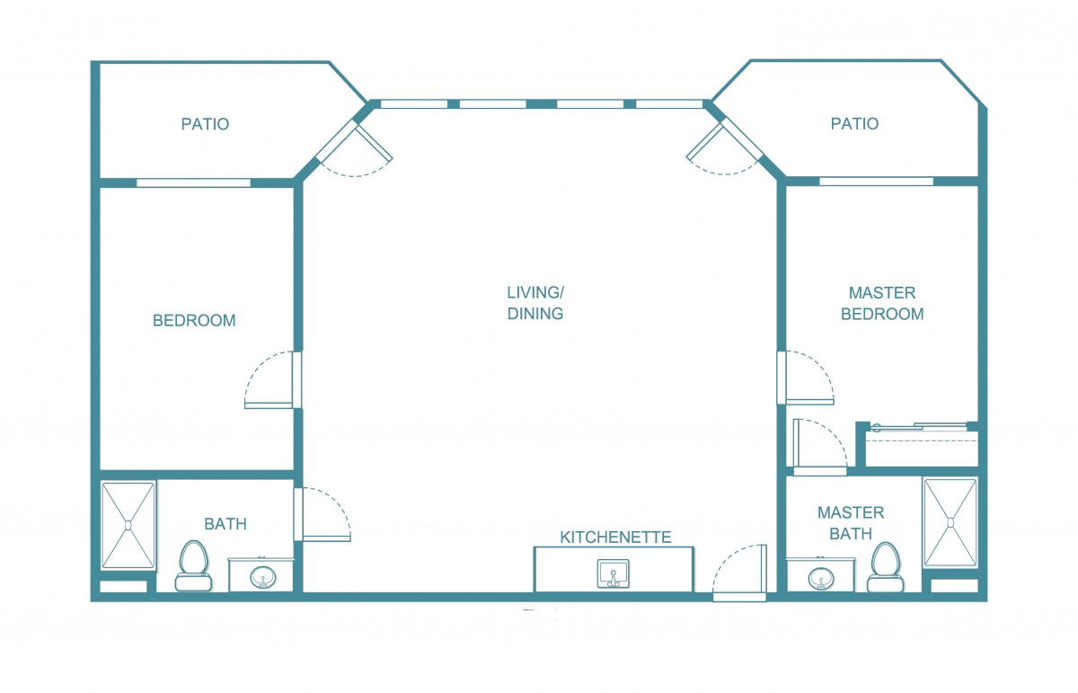 A floor plan of an apartment featuring a central living and dining area with two bedrooms and bathrooms on each side.