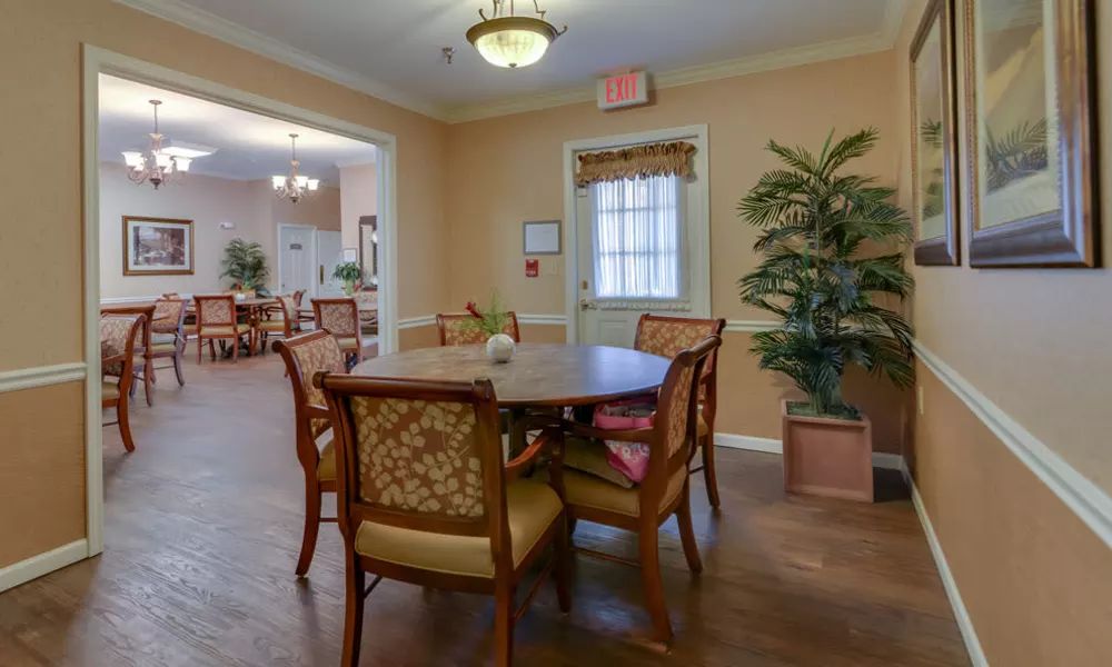 A cozy dining area with a wooden table surrounded by chairs, indoor plants, and warm lighting.