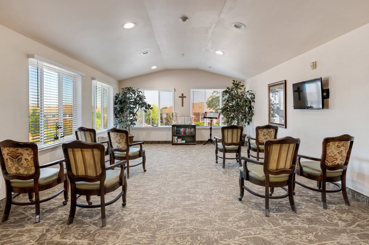 A well-lit meeting room with chairs arranged in a semi-circle, featuring large windows and decorative plants.