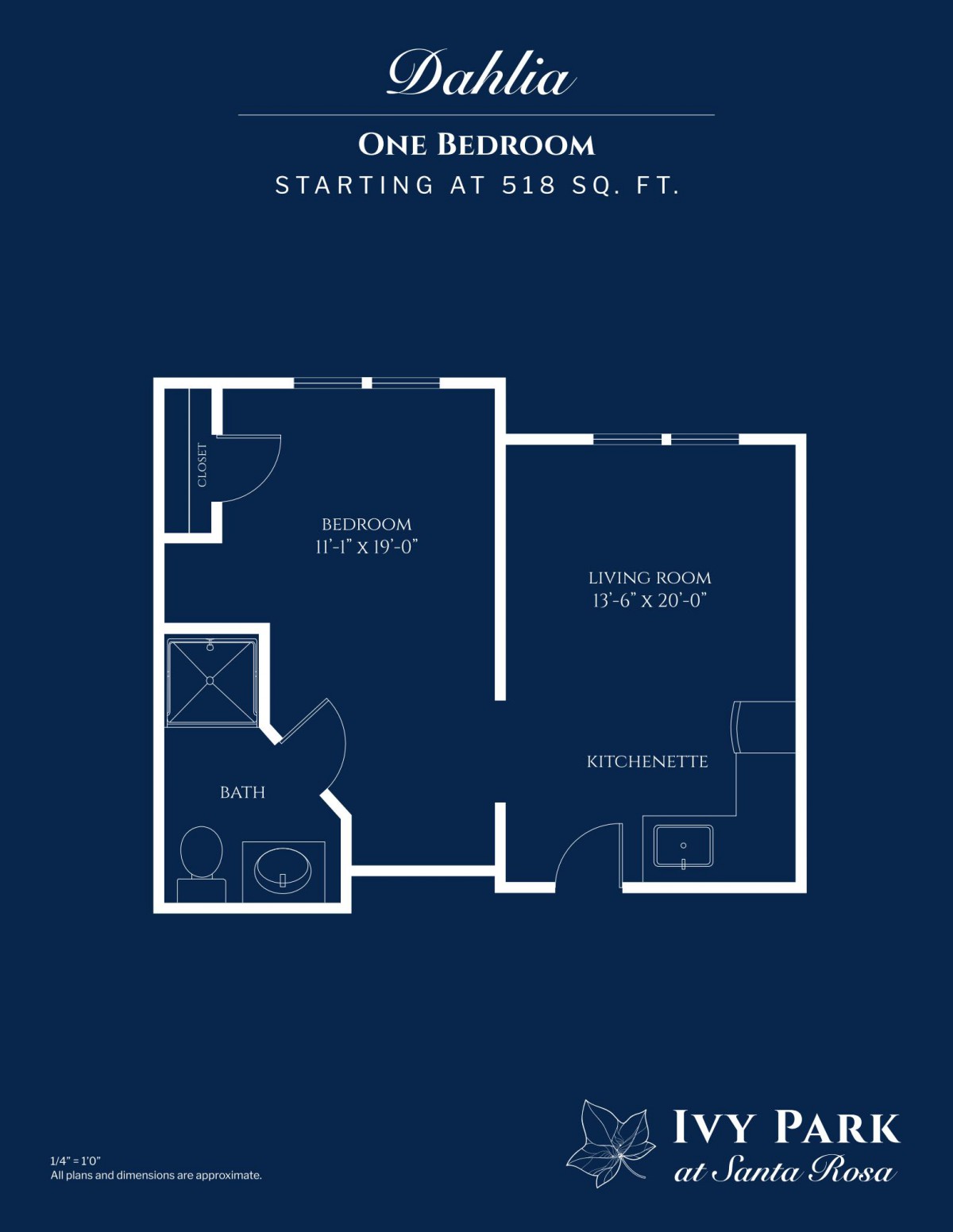 Blueprint of a one-bedroom apartment with a starting size of 536 sq. ft.