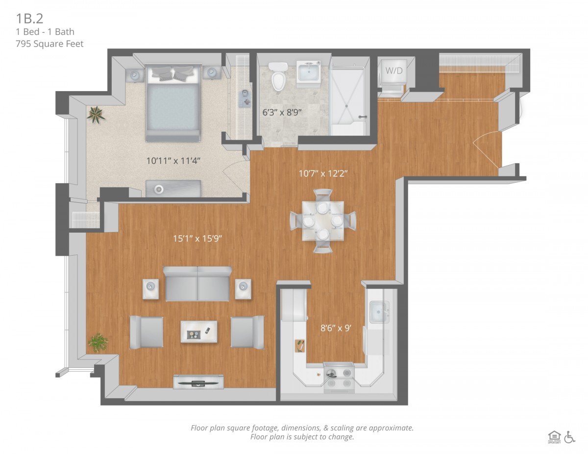 A detailed floor plan of a modern apartment, showcasing the layout of a bedroom, living room, dining area, and kitchen.