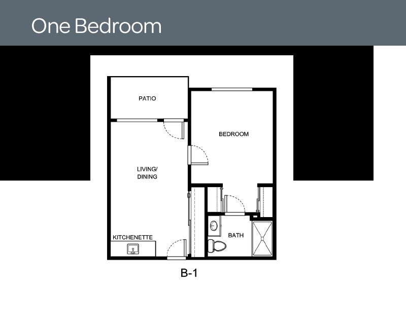 One-bedroom apartment floor plan with living room, kitchen, bathroom, and patio.