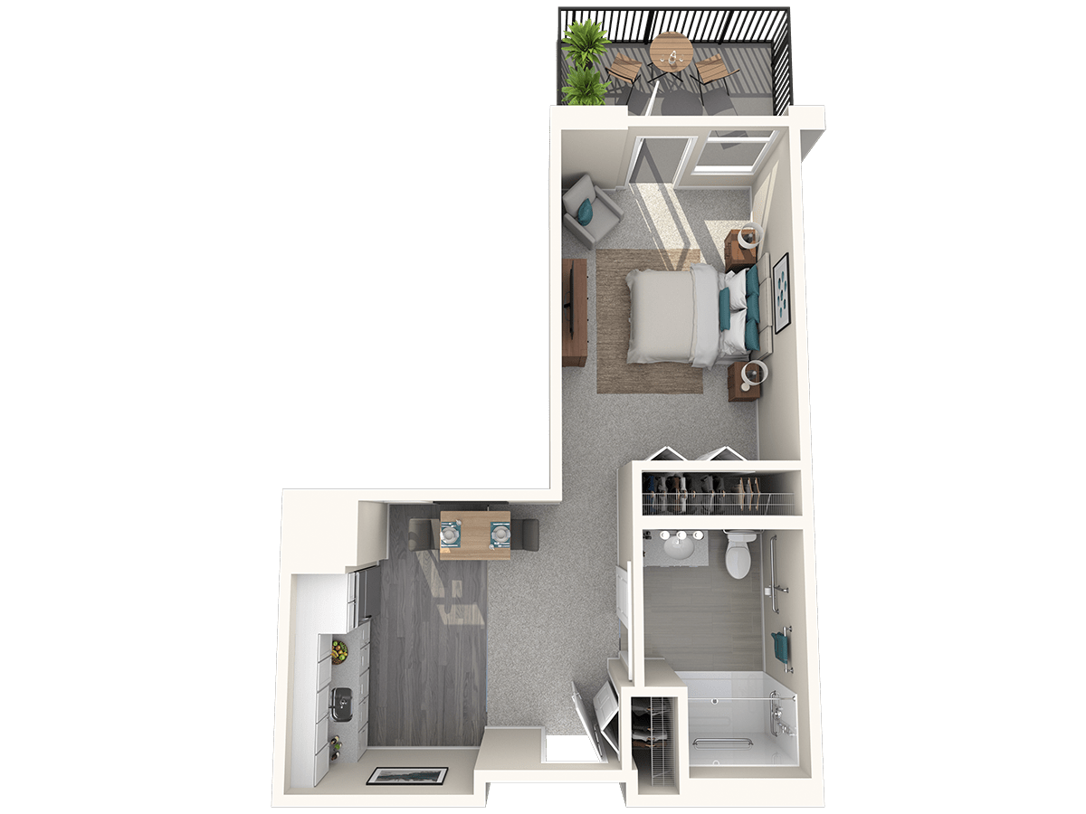A 3D rendering of a compact apartment floor plan featuring a bedroom, kitchen, bathroom, and living area with access to a small balcony.