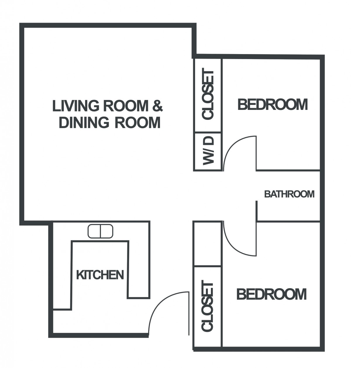 A simple floor plan of a two-bedroom apartment including a living and dining area, kitchen, bathroom, and closets.
