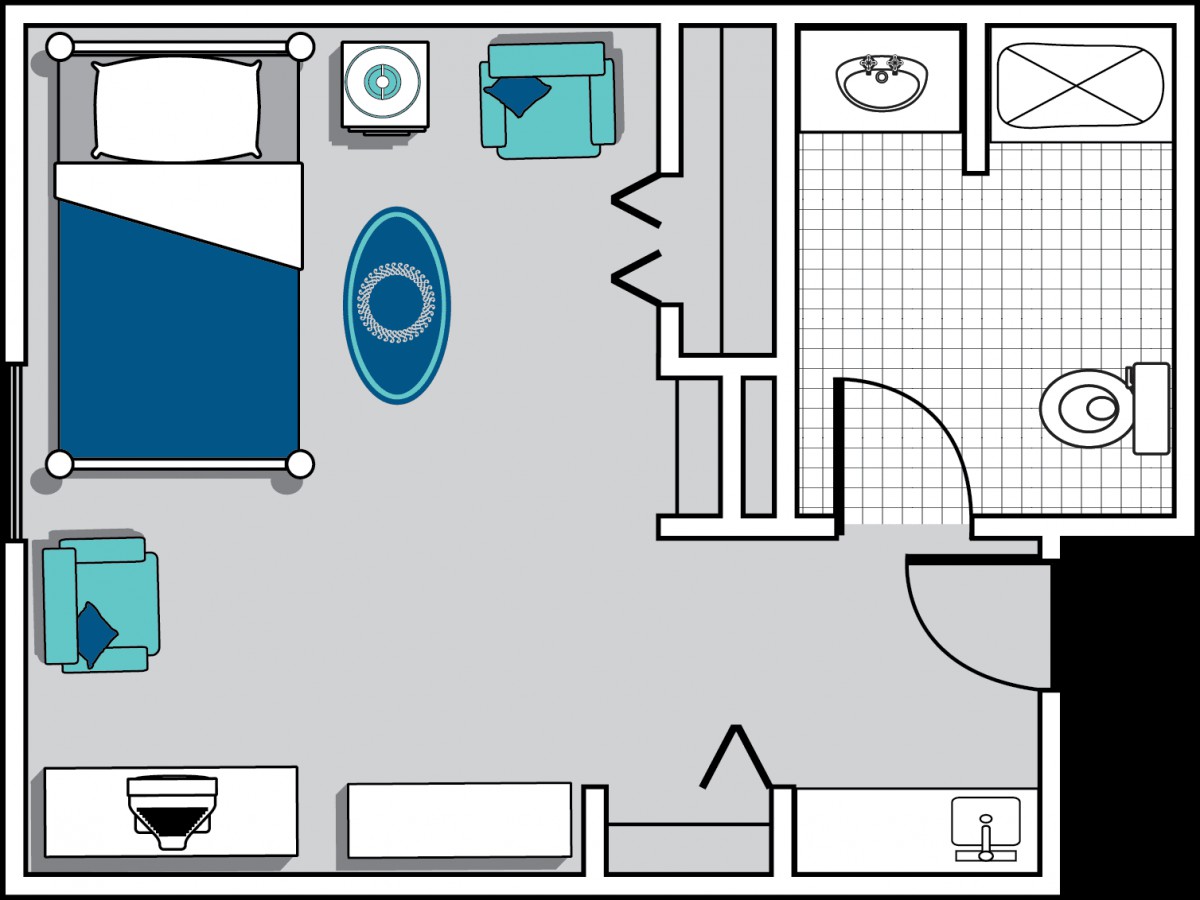 A floor plan showing a small apartment with a bedroom and bathroom, including furniture arrangement.