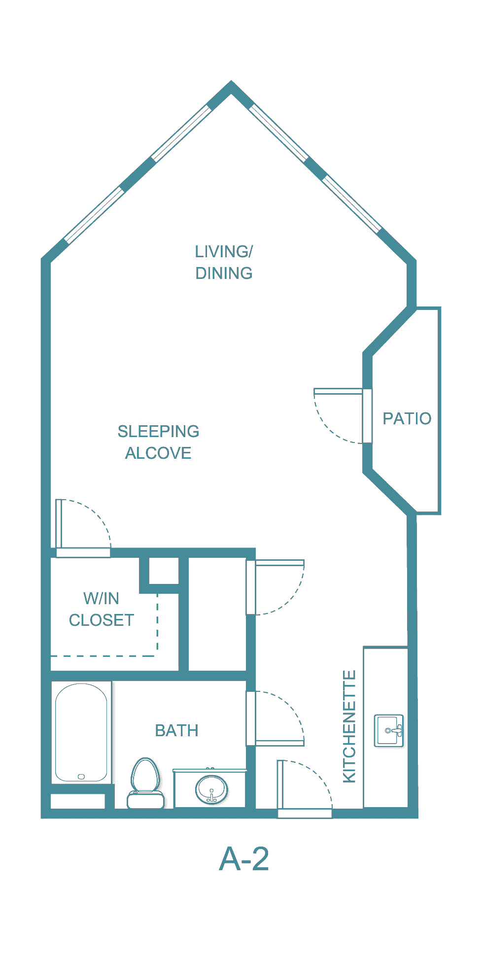 Studio apartment floor plan with a sleeping alcove, patio, and living/dining area.