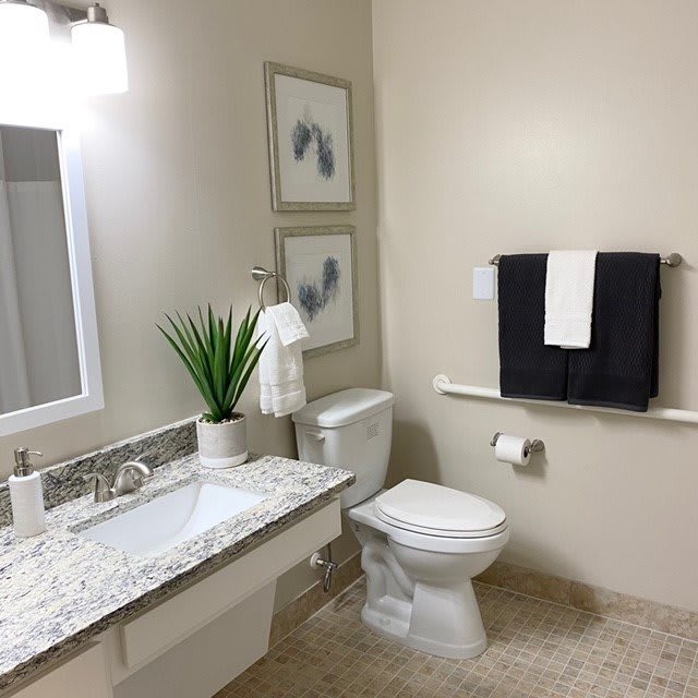 A modern bathroom with elegant decor and a clean design.