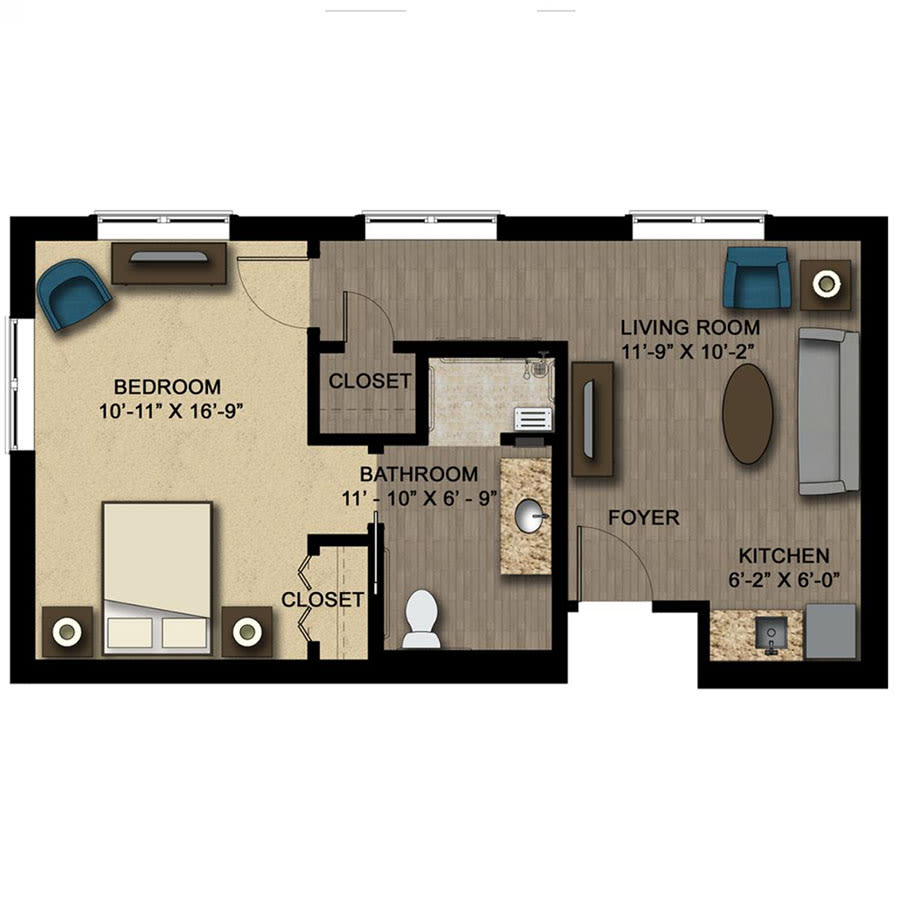 A detailed floor plan of a one-bedroom apartment featuring a living room, kitchen, and bathroom.