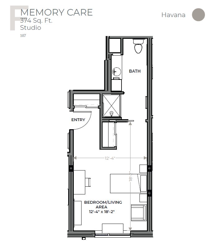 Floor plan of a memory care studio apartment layout.