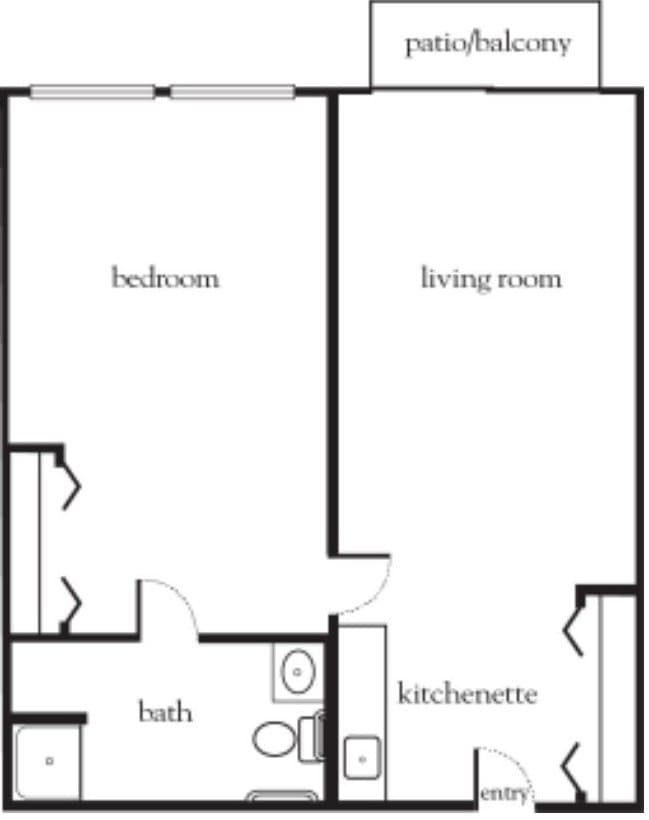 This is a floor plan of an apartment featuring a bedroom, living room, kitchenette, and bathroom.