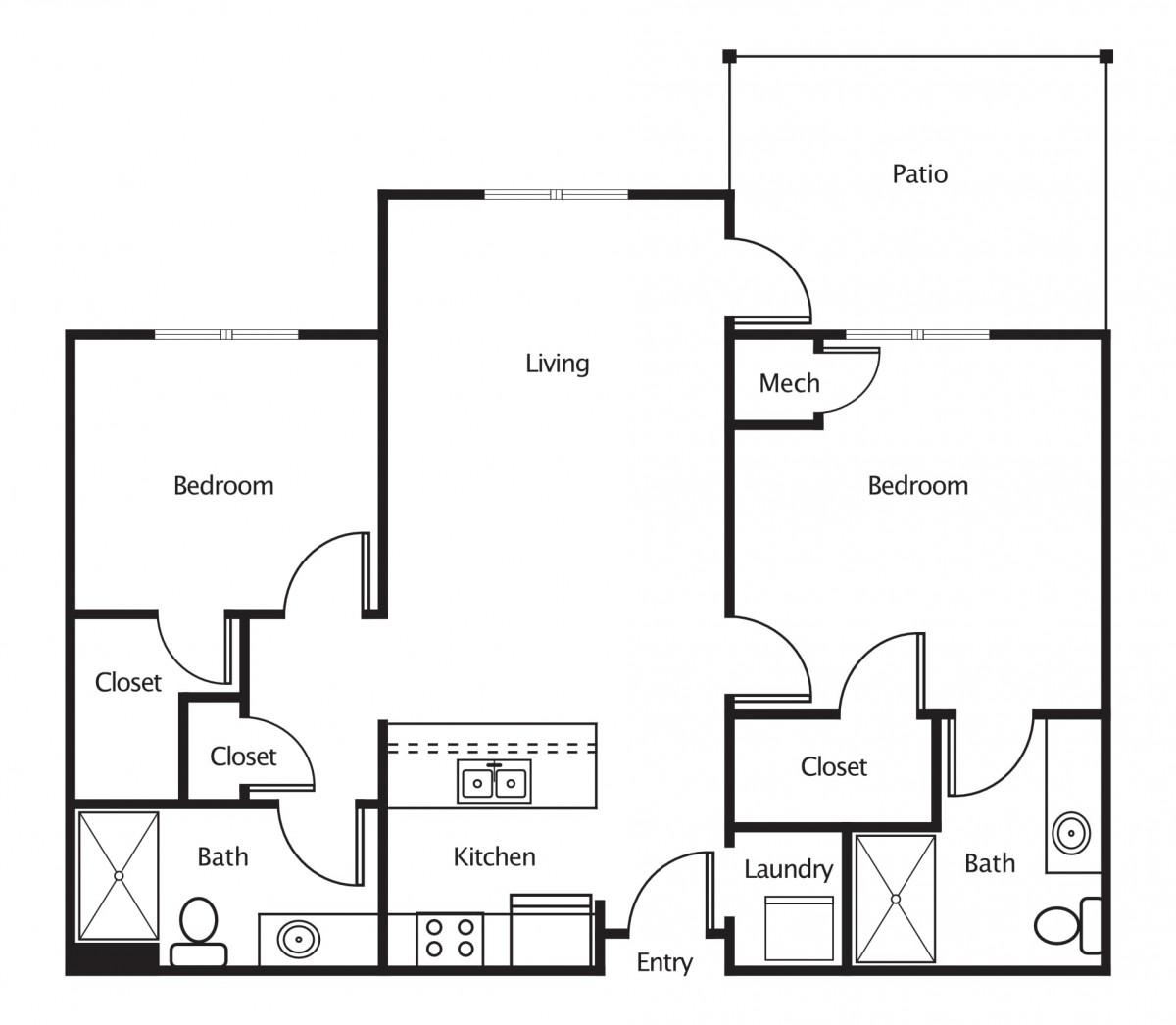 A floor plan of a two-bedroom apartment featuring a kitchen, living area, two bathrooms, and a laundry room.