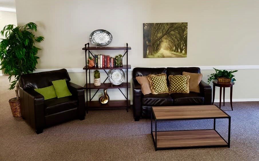A cozy living room with leather sofas, decorative cushions, a book-filled shelf, and a scenic artwork on the wall.