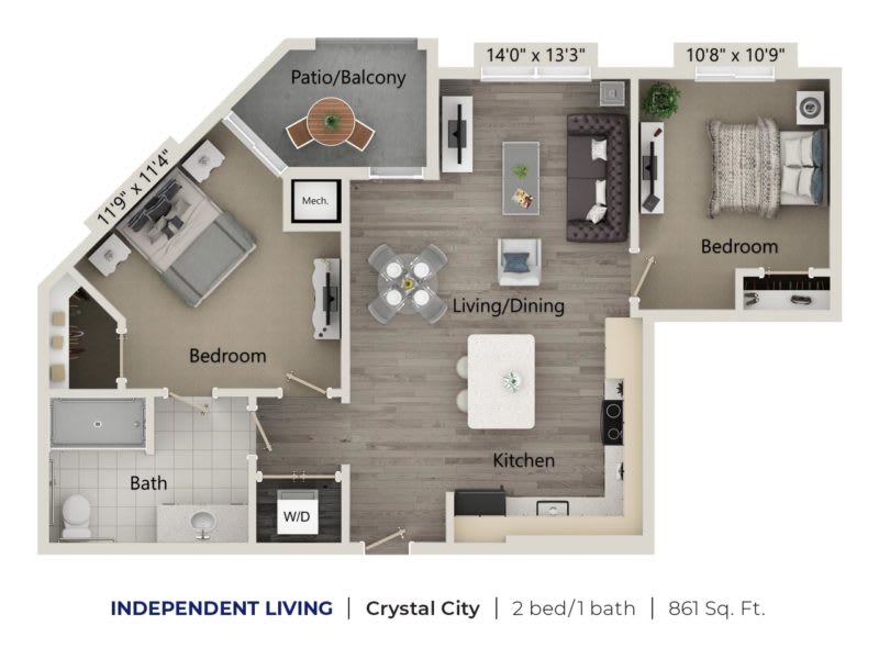 A floor plan of a two-bedroom apartment featuring a living/dining area, kitchen, bathroom, and two balconies.