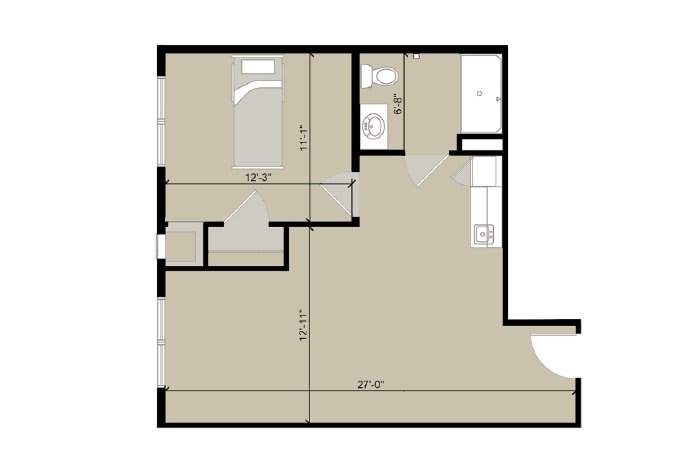 An architectural floor plan depicting the layout of an apartment with labeled dimensions.