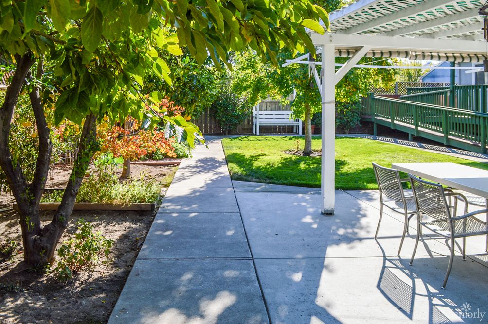 A sunny backyard with a pergola-covered patio, surrounded by lush greenery and a well-kept lawn.