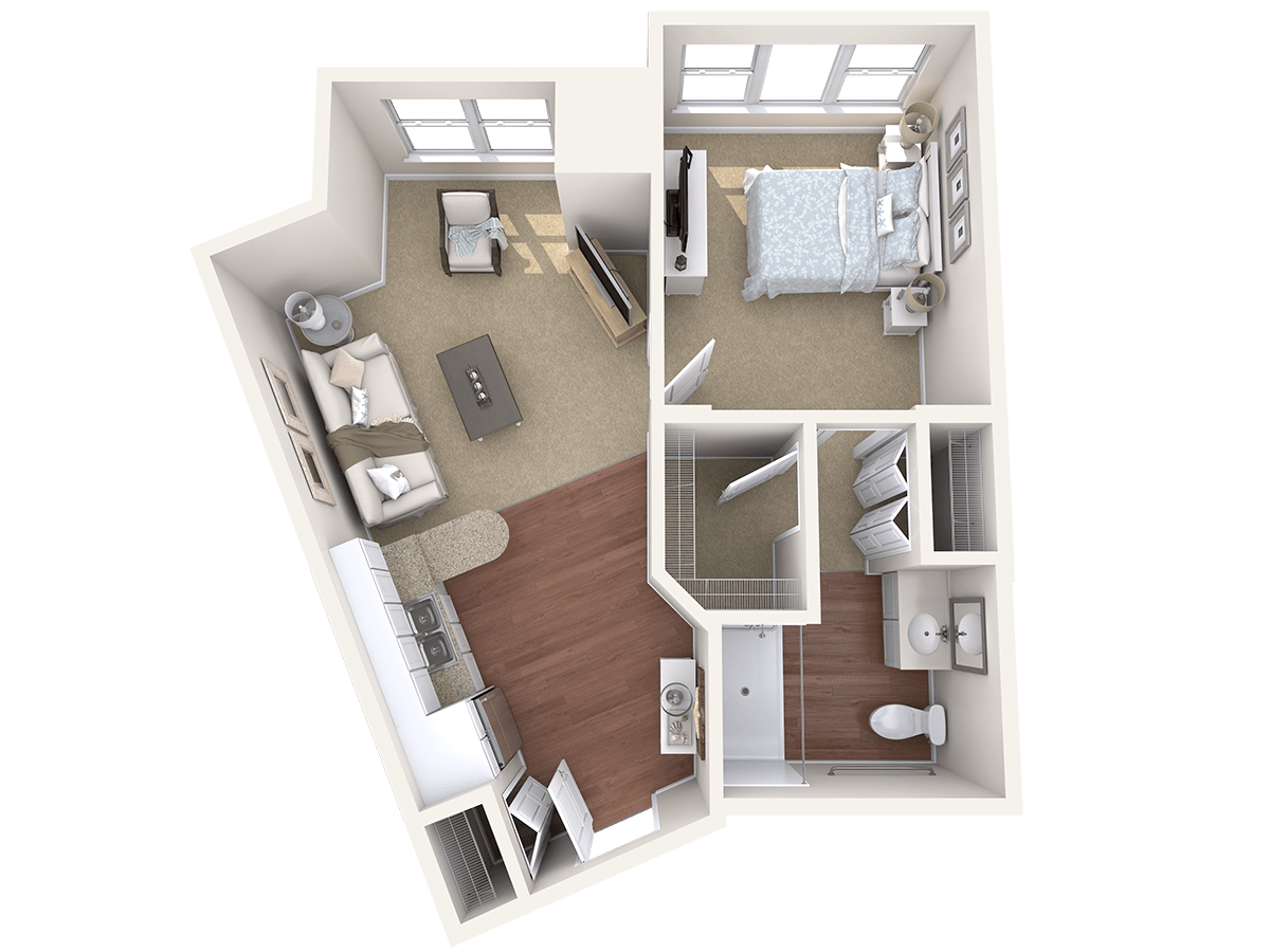 3D floor plan of a one-bedroom apartment showcasing a living room, kitchen, and bathroom.