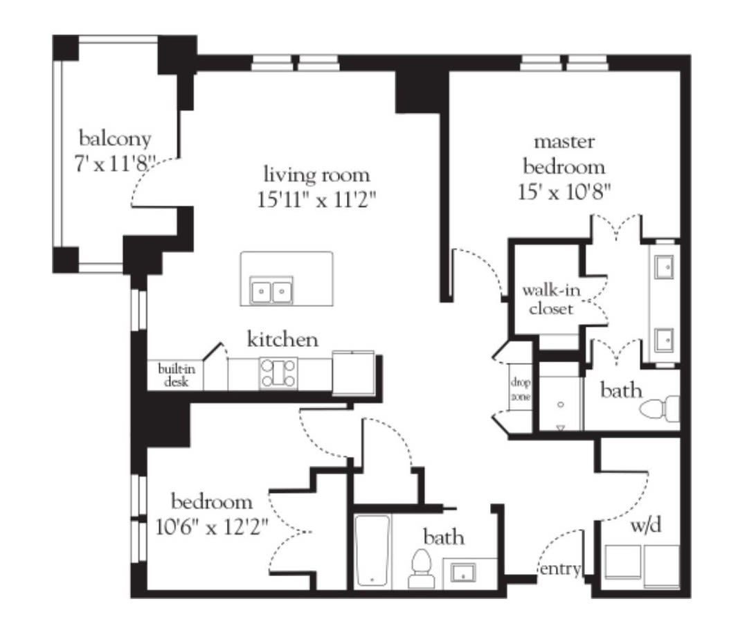 A floor plan of a two-bedroom apartment featuring a living room, kitchen, two bathrooms, and a balcony.