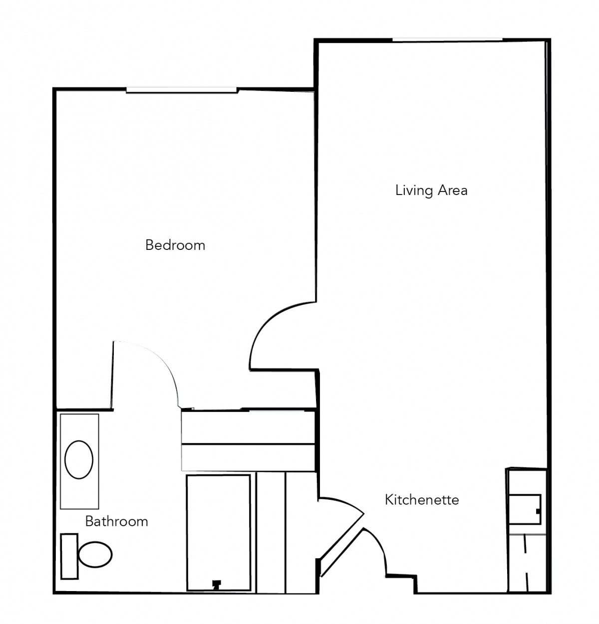 A simple floor plan of a one-bedroom apartment with designated living area, kitchen, and bathroom.